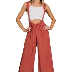Zenana Women's  Suspender Jumpsuit Gray Boho Wide Leg Overalls Resort Beach